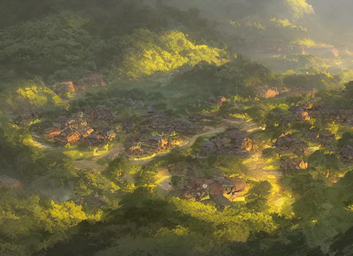 Prompt: concept art painting of a distant small woodland village in a valley seen from above, early morning, european japanese buildings, beside a river, cel shaded, detailed, realistic, by makoto shinkai and moebius and greg rutkowski and james gurney