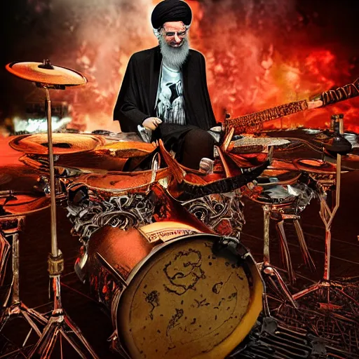 Image similar to khamenei playing drums in heavy metal band in hell, high definition, trending on artstation, unreal engine, photorealistic, high resolution,, trending on deviantart, hdr, hyper detailed, insane details, intricate, elite, ornate, elegant, luxury, dramatic lighting