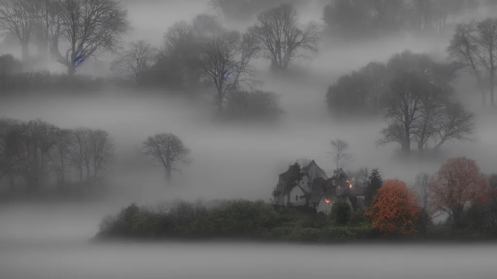 Image similar to village with beautiful houses in the fog on the lake, fog, volumetric lighting, mystique, atmospheric, conept art, sharp focus, ultra detailed, noir arthouse, 4 k, cinematic, 3 5 mm