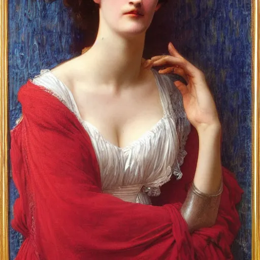 Image similar to portrait en buste of eva green in an edwardian dress by frederic william burton and frederic leighton, abundantly detailed, perfectly detailed eyes, annoyed expression