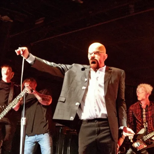 Prompt: Walter white singing at a death metal concert