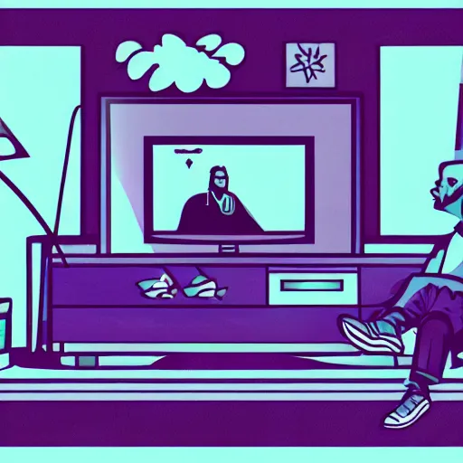 Prompt: an illustration of a man watching television, flat synthwave art style