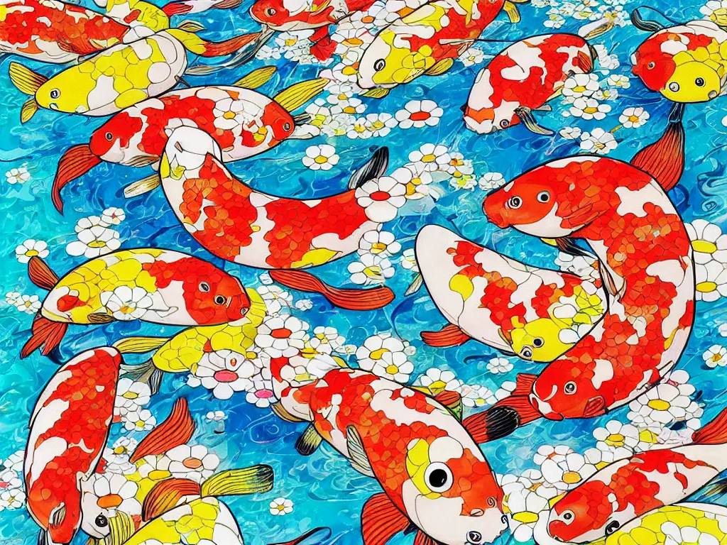 Image similar to colorful koi carp, illustration, concept art, colorful, beautiful, studio ghibli, takashi murakami, aoshima chiho, manga, cute and adorable