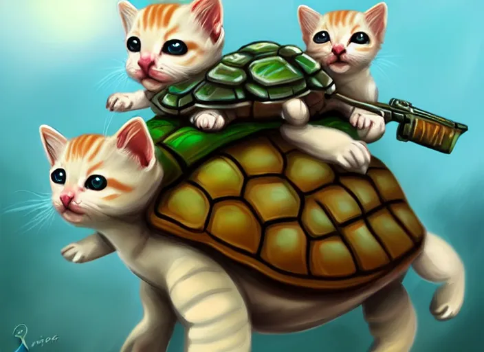 Image similar to white soldier kittens riding turtles going into battle, cute, digital oil painting, trending on artstation