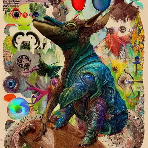 Prompt: strange mythical beasts of whimsy, surreal mixed media colllage by Ronny Khalil