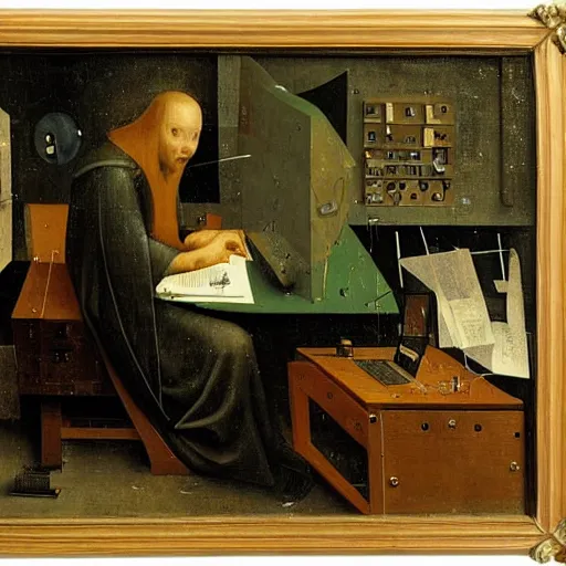 Image similar to a computer hacker working at his desk by hieronymus bosch, highly detailed, realistic