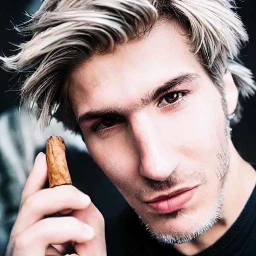 Image similar to a closeup photo of handsome gigachad xqc elrubius smoking a cigar