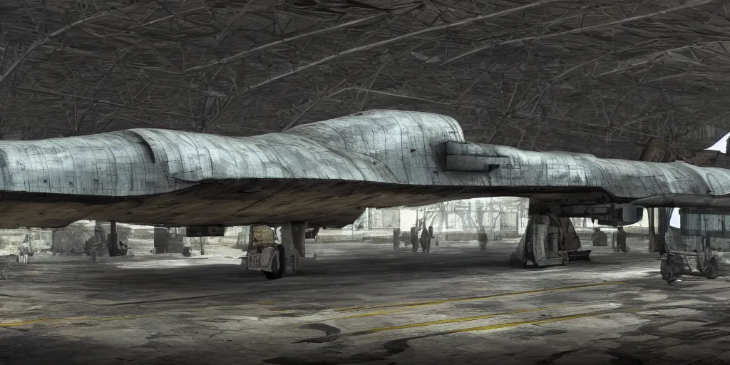 Prompt: WW2 bomber converted into a spaceship in a rundown cyberpunk hanger, 4k, photorealistic, extreme detail