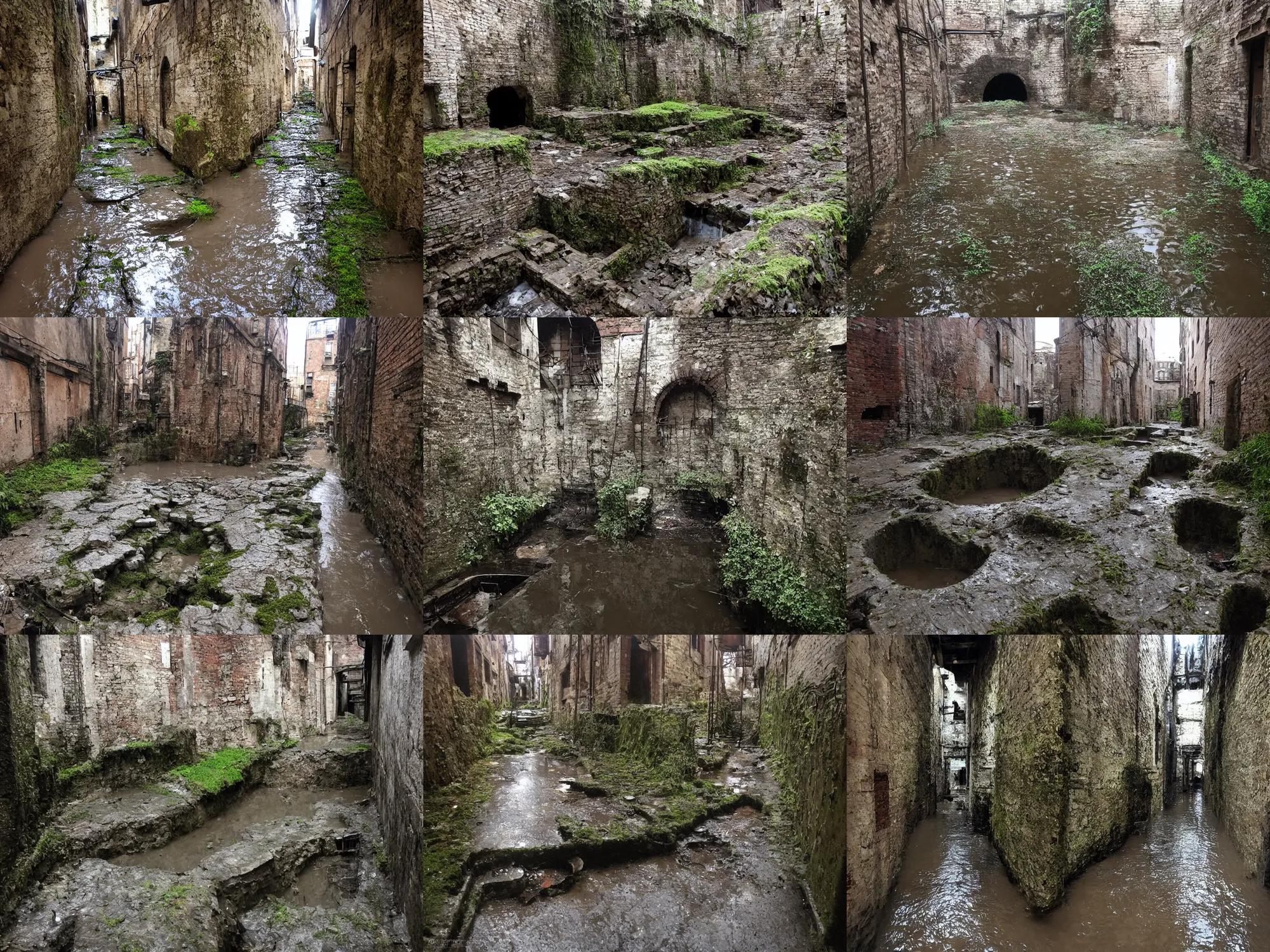 Prompt: inside the ancient flooded sewers in the old part of the city. dripping water, standing water, channel, stagnant water, waterfall, rivulets, musty, moss, underground, abandoned spaces, torch - lit.