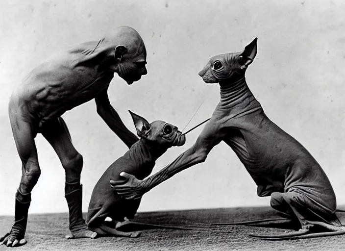 Image similar to hairless sphynx cat fighting in wwi