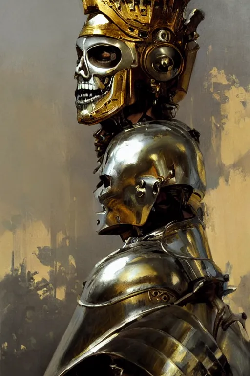 Image similar to beautiful expressive oil painting portrait of ancient cyborg god queen, silver armor, with a scratched gold skull mask ascending wearing a neo japan crown, art by anders zorn, wonderful masterpiece by greg rutkowski, beautiful cinematic light, american romanticism by greg manchess, jessica rossier