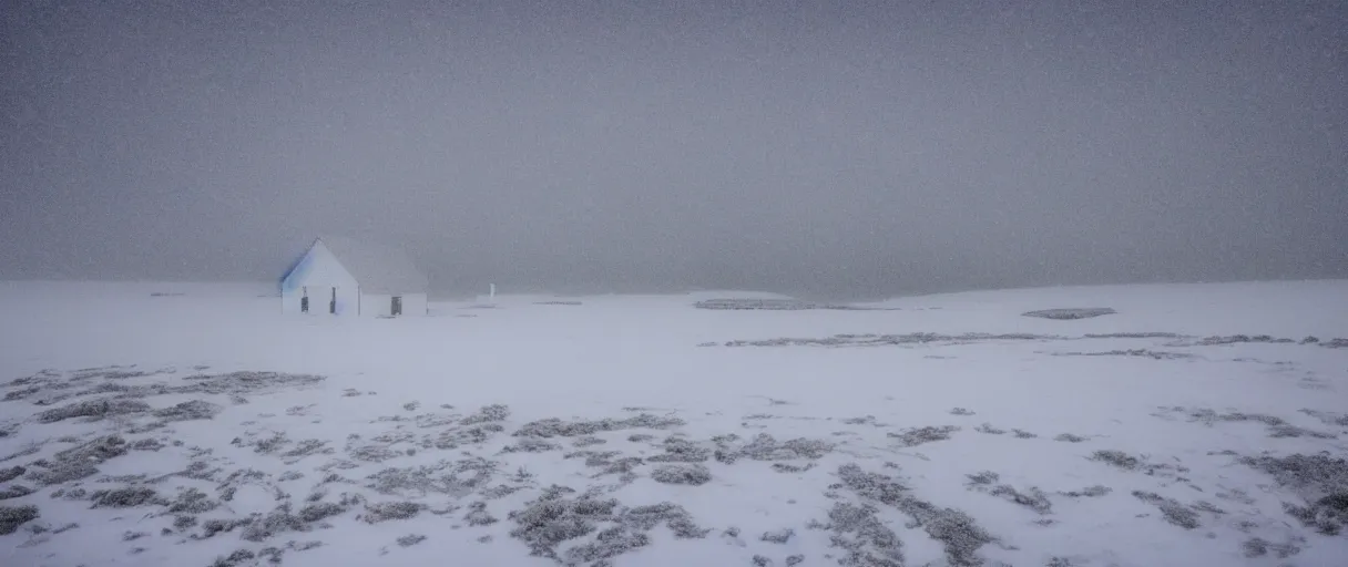 Prompt: a high quality color creepy atmospheric extreme wide angle shot hd 4 k film 3 5 mm photograph of very heavy snow storm a total white out blizzard in a desolate antarctica landscape