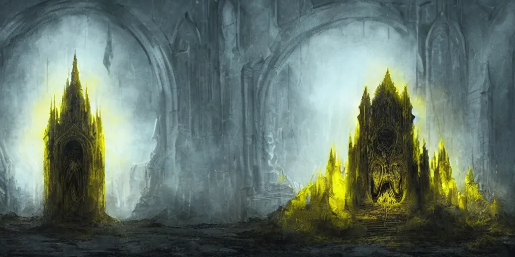 Prompt: a tall towering huge pale human wearing a yellow garment sitting upon an ornate stone throne, 4K, digital art, lovecraftian, lovecraft art, artstation, horror, dramatic, wearing a long yellow rotting garment, dark, hyperrealistic, dramatic perspective, complex (((dark))) cathedral background, dark background, highlights, extremely detailed,