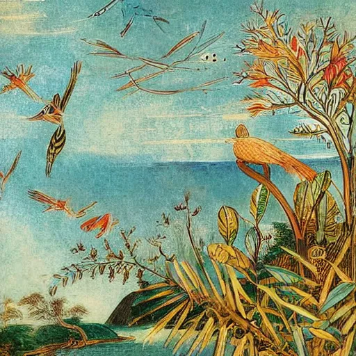 Image similar to A beautiful digital art of a bird in its natural habitat. The bird is shown in great detail, with its colorful plumage and intricate patterns. The background is a simple but detailed landscape, with trees, bushes, and a river. in Indonesia, voynich manuscript by William Henry Hunt turbulent, ornate