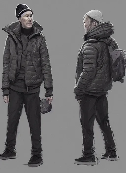 Image similar to bob odenkirk wearing a black supreme puffer jacket, a beanie and white nike shoes, elegant, digital painting, concept art, smooth, sharp focus, illustration, from starcraft by ruan jia and mandy jurgens and artgerm and william - adolphe bouguerea