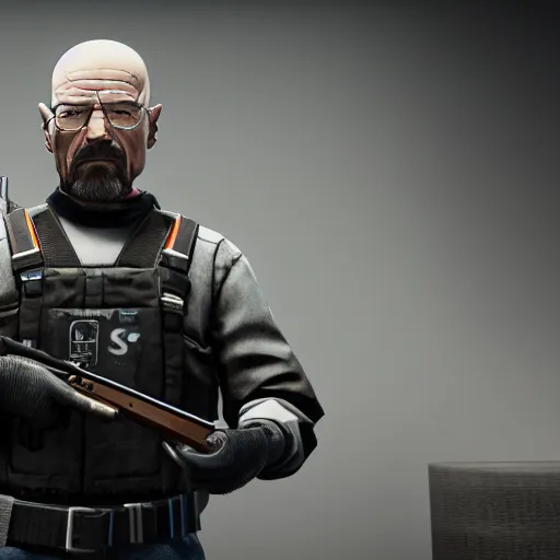 Image similar to walter white holding a shotgun as a rainbow six siege operator, 4 k, highly detailed