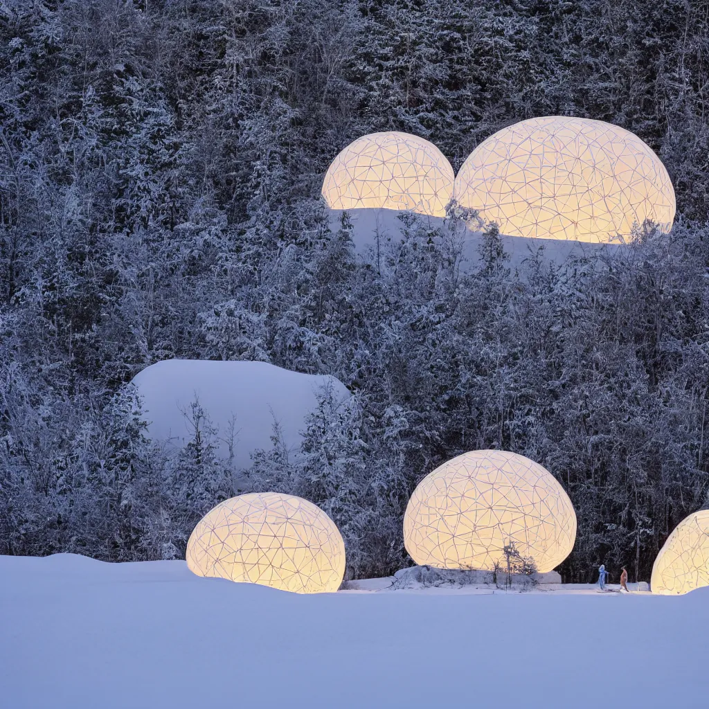 Prompt: A night photo of a glowing inflatable geodesic house made of clear plastic sheeting. Close-up detailed shot with 100mm lens. The bubble house glows from within with warm light. A family is playing in the snow. The inflated bubble house is at the edge of a snowy winter forest. Coronarender, 8k, photorealistic