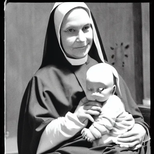 Prompt: a nun sitting in church holding a demonic baby on her lap