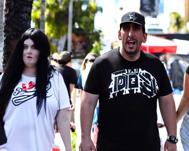 Image similar to fat gamer adam sandler wearing gamer shorts and a goth gf walking in hollywood. espn coverage