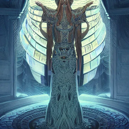 Prompt: a portrait of the goddess minerva surrounded by stacks of books, bioluminescent gown with deep level of detail of esoteric symbols, urban motifs, intricate, elegant, highly detailed, digital painting, trending on artstation, concept art, smooth sharp focus, illustration, art by artgerm and greg rutkowski, extremely high quality, surrealism