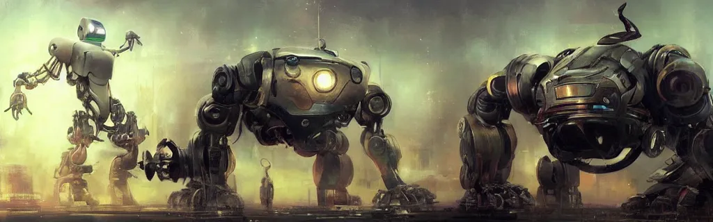 Prompt: the year robots will take over humanity, created by Raymond Swanland