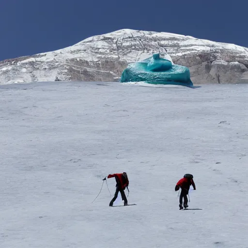 Image similar to two climbers walking on ice surface with a view of the red star.