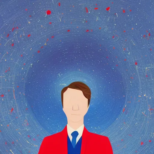 Image similar to A beautiful conceptual art of a man in a red suit with a blue background. The man's eyes are closed and he has a serene, content look on his face. His arms are crossed in front of him and he appears to be floating in space. The blue background is swirling with geometric shapes and patterns. by Clive Madgwick bleak, rigorous