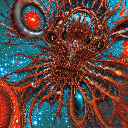 Prompt: Hyper detailed painting of a horrid eyeless fractal mechanical abomination covered in endless teeth as it devoures stars.