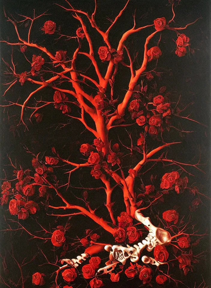 Prompt: liquid boiling red wax from which bones and branches stick out, many birds and black roses fly around, a dark background, full height view, wide angle, epic, oil painting in a renaissance style , very detailed, painted by Caravaggio.