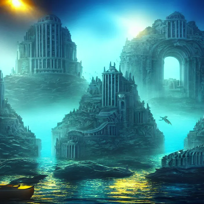 Prompt: hyper realistic, high detail photo of city of atlantis, underwater, lights on, beautiful, dreary lighting