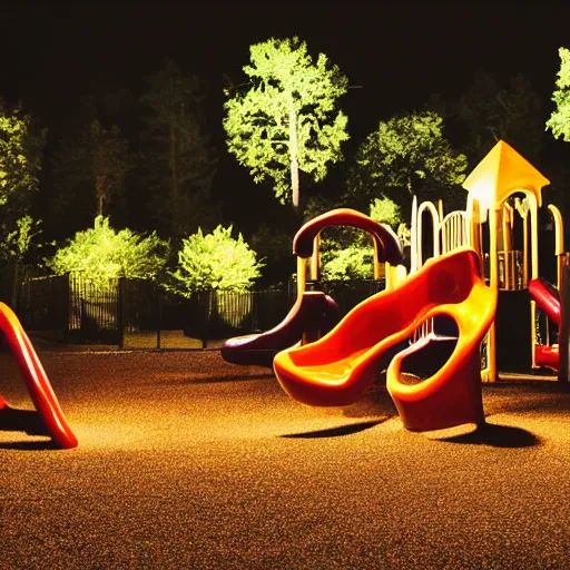 Image similar to nightmare beasts at a playground at night, photograph