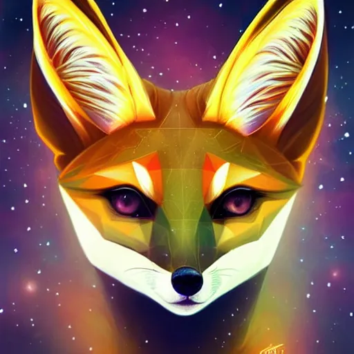 Image similar to geometric symmetrical fennec with galaxy eyes in space, nebula in the background, intricate, elegant, highly detailed, digital painting, artstation, concept art, smooth, sharp focus, illustration, art by artgerm