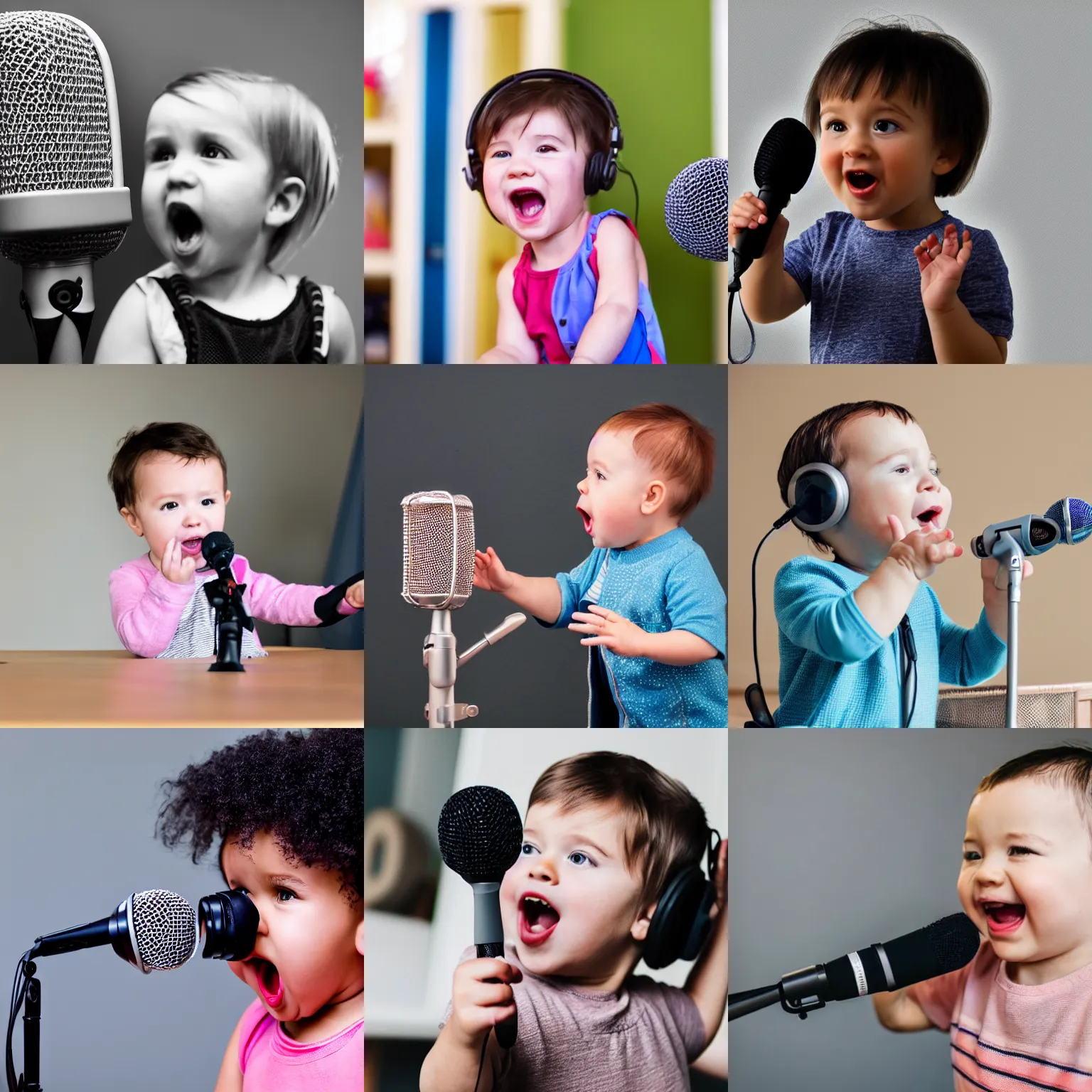 Prompt: A toddler podcaster shouting at a microphone