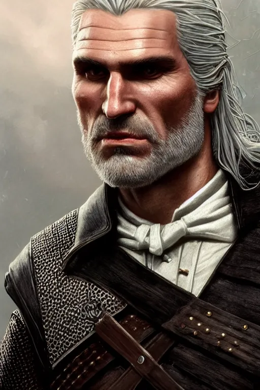 Image similar to photorealistic portrait photograph of geralt of rivia wearing a tuxedo, depth of field, soft focus, highly detailed, intricate, realistic, national geographic cover, soft glow, textured, artstation, concept art, sharp focus, illustration, art by artgerm and greg rutkowski and alphonse mucha