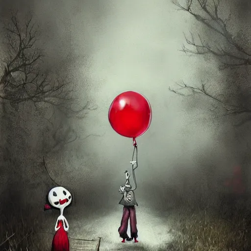 Image similar to grunge cartoon landscape sketch of bilie eilish with a wide smile and a red balloon by - michal karcz, loony toons style, pennywise style, horror theme, detailed, elegant, intricate