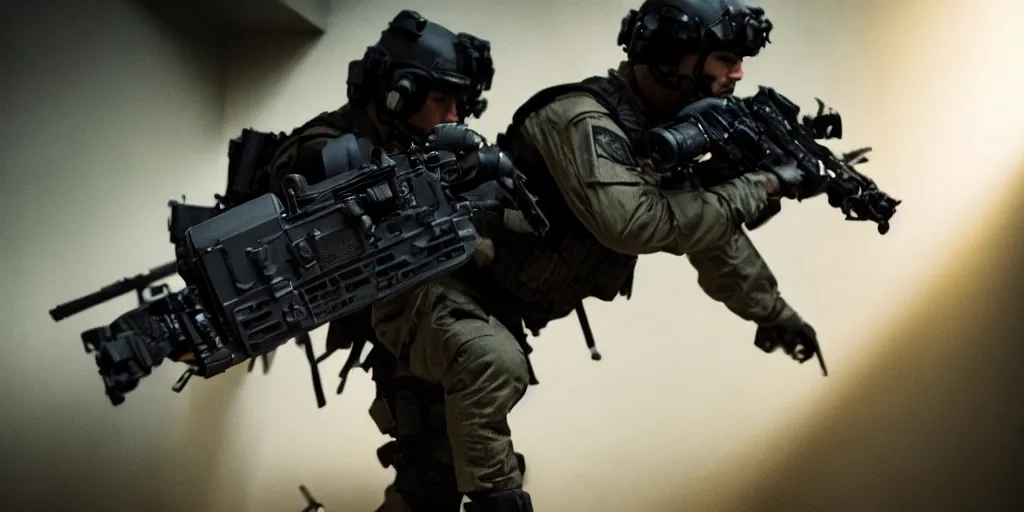 Prompt: vfx film, swat team squad crew, m 4 a 1, breach and clear, gang house, flat color profile low - key lighting award winning photography arri alexa cinematography, cinematic beautiful natural skin, famous face, atmospheric cool color - grade