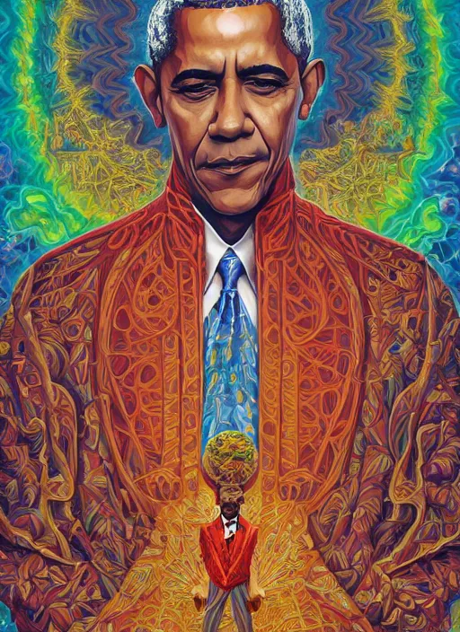 Image similar to beautiful oil painting, full length portrait of Barack Obama in coronation robes 1701, Dan Mumford, Dan Mumford, Alex grey, Alex grey, highly detailed , lsd visuals, dmt fractal patterns, hallucinogen, visionary art, psychedelic art, ornate, vaporwave, baroque