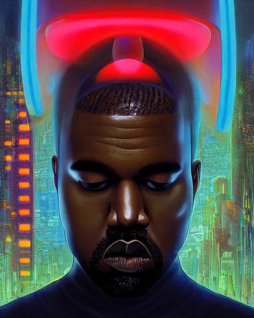 Prompt: kanye west as future coder man looking on, sleek cyclops display over eyes and sleek bright headphoneset, neon accent lights, holographic colors, desaturated headshot portrait digital painting by dean cornwall, rhads, john berkey, tom whalen, alex grey, alphonse mucha, donoto giancola, astronaut cyberpunk electric