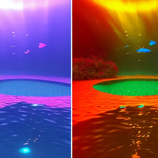 Prompt: 3d render underwater with brilliant lights. Colorful caustics. 8k resolution. Unreal engine.