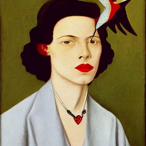 Prompt: Self-Portrait with Thorn Necklace and Hummingbird in style of Rene Magritte