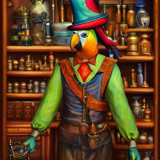 Image similar to Anthropomorphized parrot trader in his shop, portrait, items, weapons, magic potions, trinkets, carpet, lamps, window, fancy hat, sly expression, cunning expression, cute expression, long thick shiny black beak, D&D, fantasy, cinematic lighting, highly detailed, digital painting, artstation, concept art, smooth, sharp focus, illustration, warm light, cozy warm tint, magic the gathering artwork, volumetric lighting, 8k, art by Greg Rutkowski