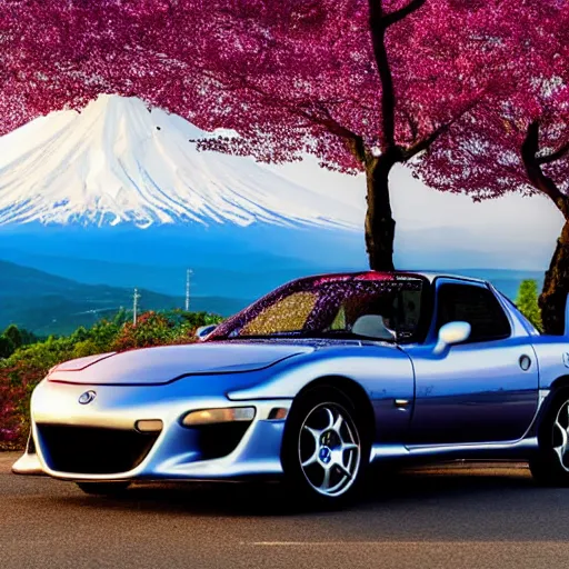 Prompt: a jdm mazda rx 7 2 0 8 9 futuristic version, cyber punk look hovering by mount fuji early in the morning with a few blossom trees around, high quality photo