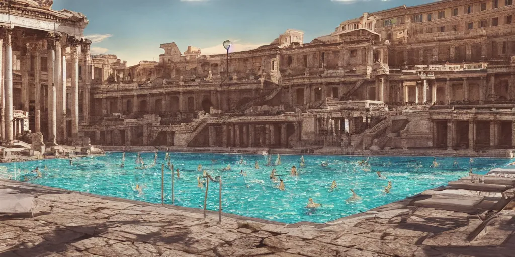 Image similar to a detailed photorealistic picture of an elegant pool in ancient Rome, shot in wide angle, photorealistic lighting, ultra detailed