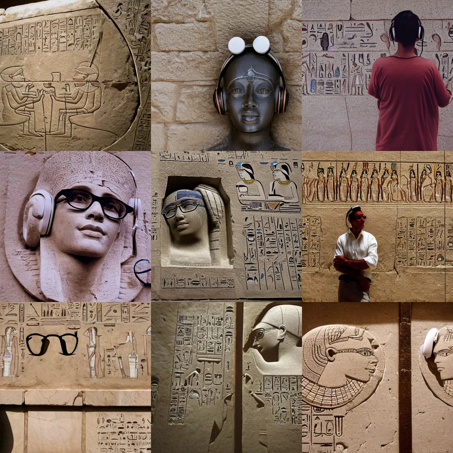 Prompt: photo of a person in glasses and headphones inscribed on the wall of a tomb in egypt, historical, artifact, marble, stone, national geographic, relic