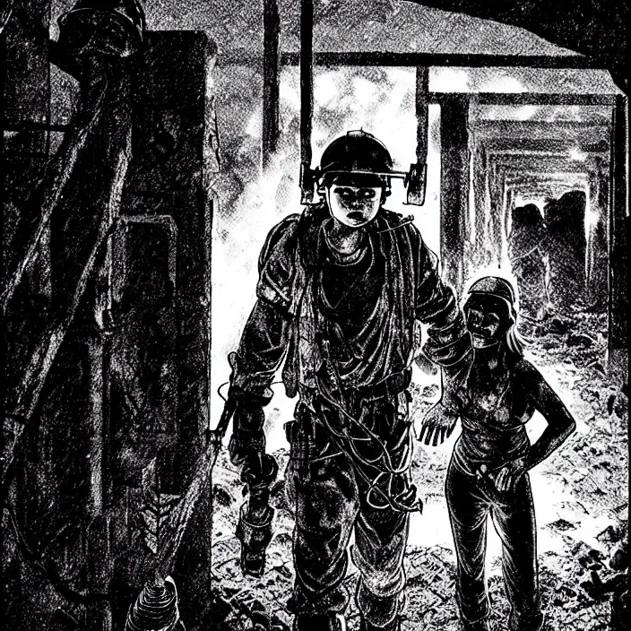 Image similar to tired sadie sink as a miner emerges out of the dark coal mine. storyboard, scifi cyberpunk. by gabriel hardman, joe alves, chris bonura. cinematic atmosphere, detailed and intricate, perfect anatomy