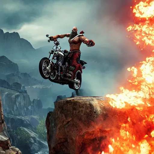 Image similar to kratos jumping a black harley - davidson motorcycle off a cliff, cinematic render, playstation studios official media, god of war 2 0 1 8, flames, centered