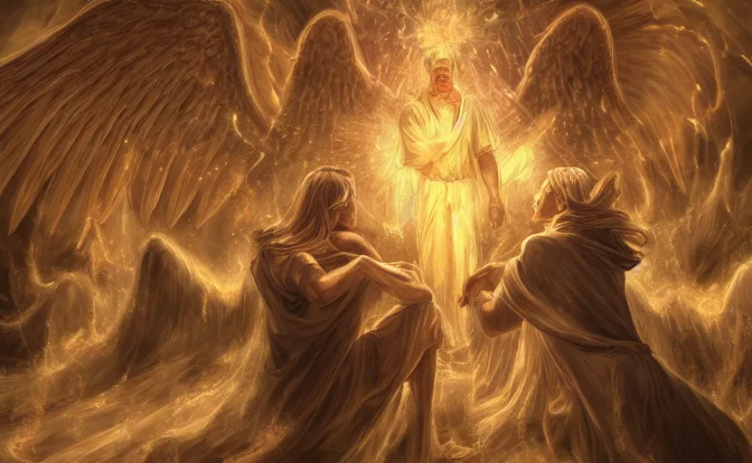 Prompt: Lucifer leads a rebellion of angels in heaven against god, digital art, very detailed, realistic with light particles, trending in Art Station,