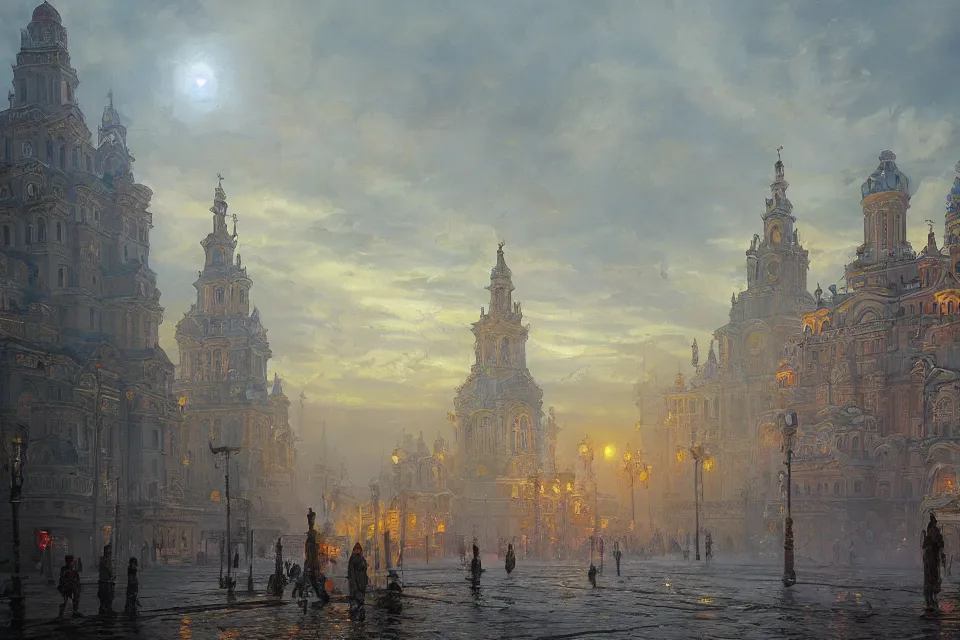 Image similar to beautiful ukranian city of odessa in mist, magic lights, magic mist, strange buildings, oil painting, painting by viktor vasnetsov, concept art, fantasy cityscape, ukrainian architecture, painting by ivan shishkin, hyperborea, high resolution, trending on artstation