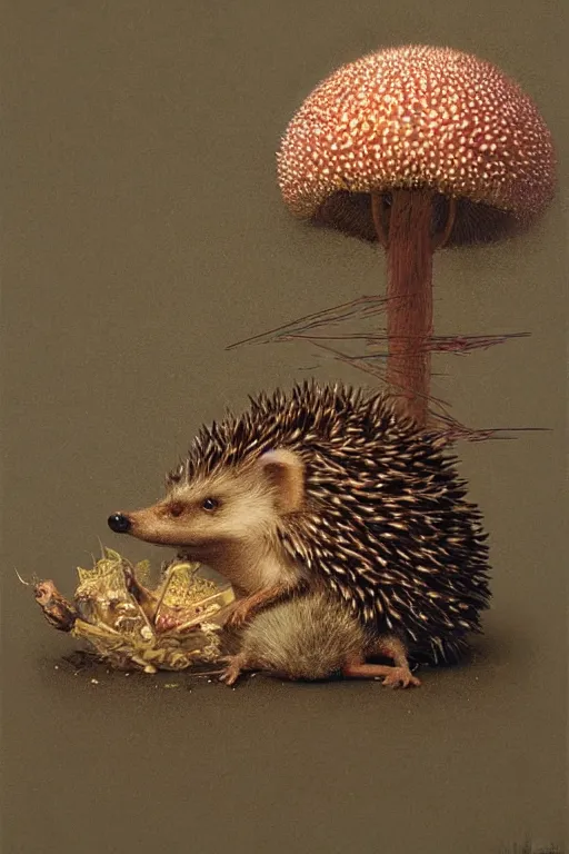 Prompt: hedgehog with purple needles hides under fly agaric from the rain by wayne barlowe, greg rutkowski, rembrandt, detailed, stunning, realistic skin color