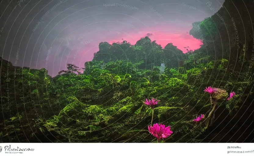 Prompt: a beautiful render of a dark prehistoric rainforest in a humongous cave lush flora patches of sky magenta flowers sunset floating mount